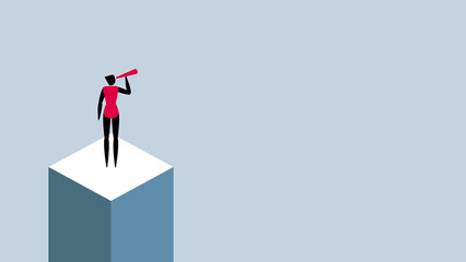 Fototapeta premium Customer Journey Symbolizing SEE from Marketing Model See Think Do Care, Businesswoman Standing on Platform Looking Through Telescope on Blue Background Illustration - video also available