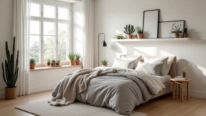 Fototapeta premium Cozy Bedroom Interior with Plants, Natural Light, and Minimalist Decoration