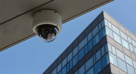 Surveillance Camera Fixed on a Ceiling with Modern Building