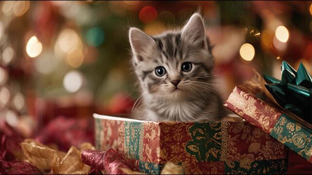 Christmas image of an adorable kitten sitting inside an open gift box.
