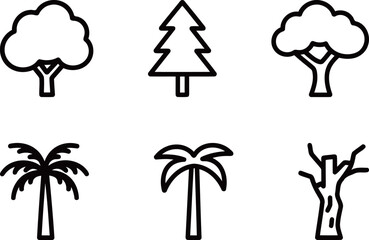 Tree Species Icons: Deciduous, Coniferous, and Palm Trees for Nature and Environmental Concepts