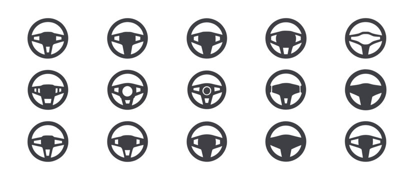 Collection of various car steering wheel icons in vector style

