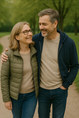 Fototapeta premium Love's Stroll Through Park: A tender couple strolls hand-in-hand through a lush park path, their faces alight with affection, against a backdrop of tranquil greenery. 