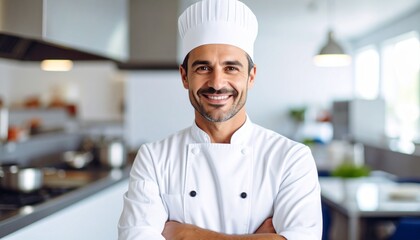 A proud chef stands confidently in his kitchen, surrounded by culinary tools and the warmth of his craft. His passion and pride radiate in this intimate portrait.
