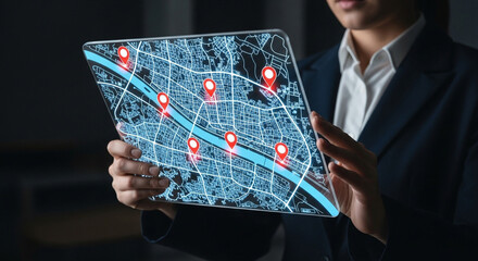 Businesswoman exploring city map on futuristic tablet with location markers