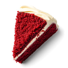 A slice of red velvet cake with cream cheese frosting on a white background