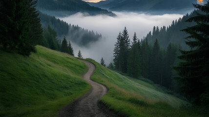 Winding dirt path through a misty green mountain valley with pine trees clouds