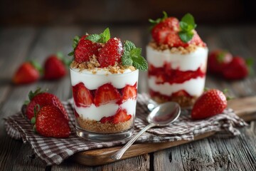 Delicious strawberry parfait served in glass cups with fresh mint on rustic wooden table