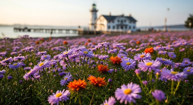 Field of purple and orange asters with lighthouse and pier in background purple flowers orange flowers - Powered by Adobe