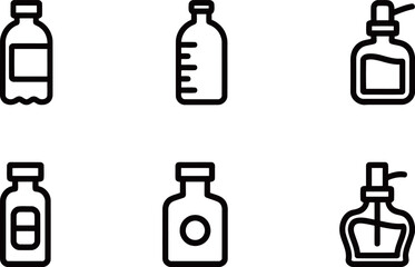 Bottles and Containers Icons: Water Bottle, Medicine Bottle, and Pump Dispenser for Health and Personal Care