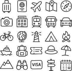 Collection of travel vacation and transport icons in a handdrawn black outline sketch style.