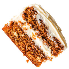 A slice of layered carrot cake with cream cheese frosting and walnut toppings