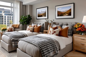 Beautiful sunlight in modern apartment bedroom high resolution picture