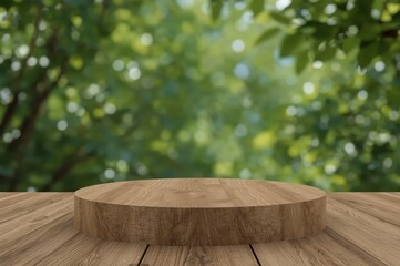 Natural Wooden Display Platform Background Bokeh Product Showcase Stand Rustic Wood Table Surface Presentation Marketing Commercial Photography Studio
