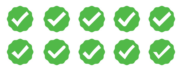 Vector of Green check mark, isolated tick symbols, checklist signs, and an approval badge. Flat and modern checkmark design, vector illustration.