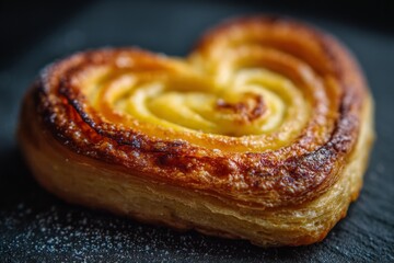 Heart-shaped pastry sits elegantly on a dark surface with a golden-brown crust and a sugary topping