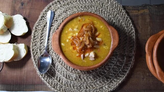 Traditional Argentine locro. Creole locro. It is a hot, nutritious meal with protein. Ideal for cold seasons. Overhead view of locro