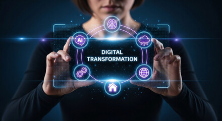 Fototapeta premium Digital transformation concept with AI, cloud, and global technology symbols