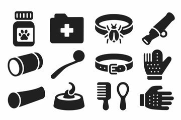 Pet care solid icon set. veterinary, grooming, pet safety icons collection
