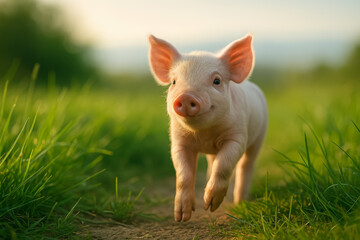Happy piglet running joyfully through lush green grass field