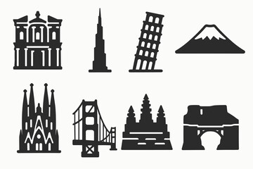 Landmark silhouette icon set. global architectural wonders in silhouette style