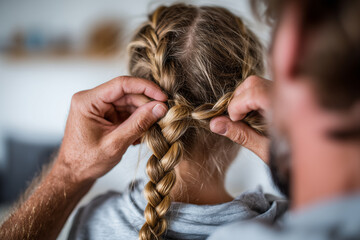 Fototapeta premium Close-up of father tying daughter's hair into ponytail, caring gesture
