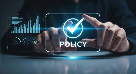 Businessperson interacting with digital policy confirmation interface
