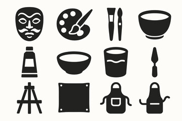 Art and craft solid icon set. painting, sculpture, crafting tools in solid style