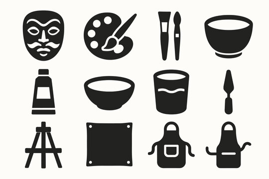 Art and craft solid icon set. painting, sculpture, crafting tools in solid style