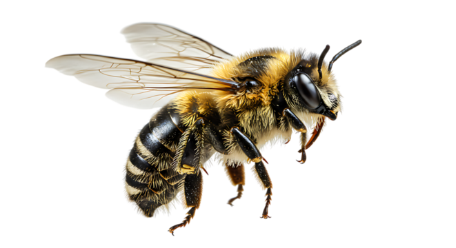 Closeup of a fuzzy bee isolated on transparent background