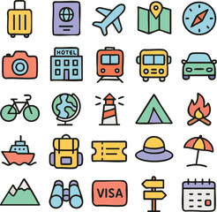 Obraz premium Colorful Illustrated Travel Icons Suitcase Passport Airplane Map Compass and More.
