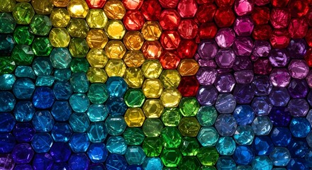 Rainbow Hexagons, Colorful Texture, Jewel Mosaic, Prismatic Pattern, Vibrant Scales, Iridescent Cells, Honeycomb of Hues, Gemstone Grid, Spectrum
