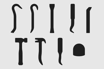 Construction tools silhouette icon set. essential hammer, chisel, crowbar silhouettes
