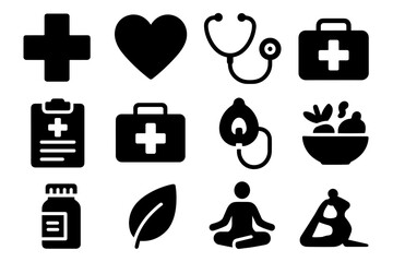 Healthcare and wellness solid icon set: medical, fitness, and nutrition symbols