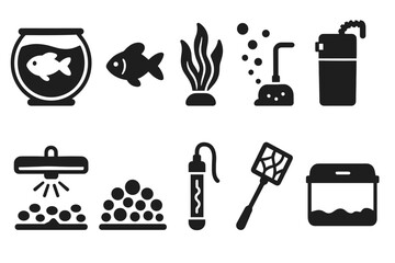 Aquarium silhouette icon set: fish tank, plants, equipment solid collection