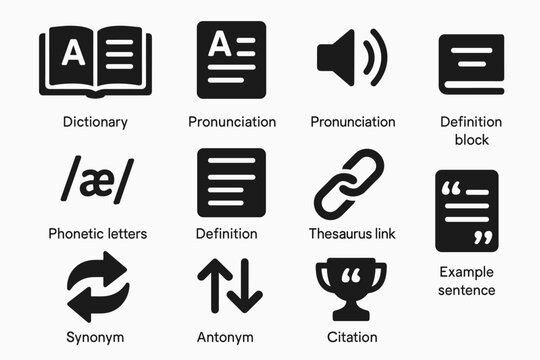 Language learning solid icon set. dictionary, pronunciation, letters, synonym symbols