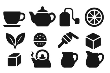 Tea and coffee silhouette icon set. beverage essentials for cafes and kitchens