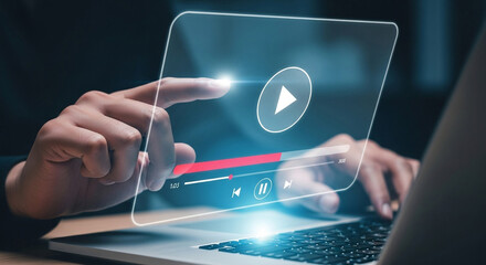 Person interacting with a transparent digital media player interface