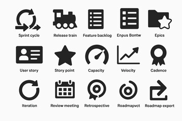 Agile management solid icon set. sprint, backlog, velocity, planning tool symbols