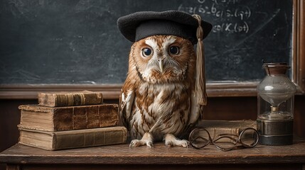 Perched proudly on a classic wooden desk, the owl in a graduation hat symbolizes knowledge and learning, framed by books and a blackboard.

