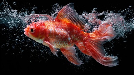 A single red goldfish swims gracefully through water, surrounded by bubbles and splashes, glowing against a deep black background.
