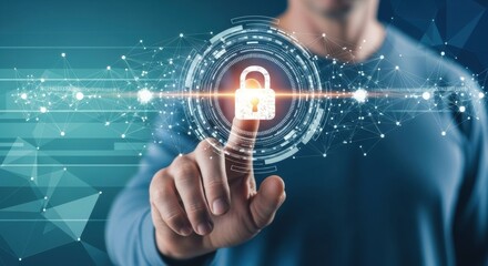 Man touching a glowing digital padlock icon on a futuristic interface, representing cybersecurity and data protection
