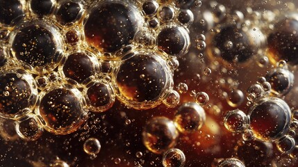 Numerous bubbles float on the surface of a dark brown liquid, capturing intricate light patterns and the smooth texture of surface tension.
