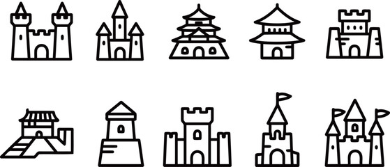 Diverse collection of outline icons showcasing various castles and ancient architectural structures from different cultures. © cheng