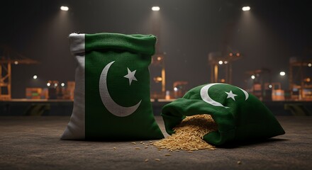Pakistan flags on sacks of grain at industrial port