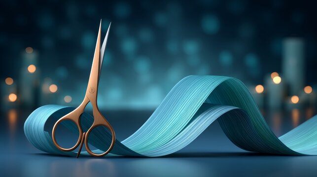 Grand opening event featuring scissors cutting a ribbon in an artistic shot with floating elements