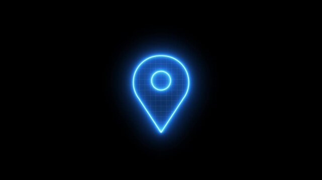 Neon location pin. Blue neon map marker animation, glowing location pin, navigation icon, GPS pointer, geolocation symbol, black background, travel guide concept