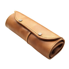 Tan leather pencil roll case with snap buttons isolated on transparent