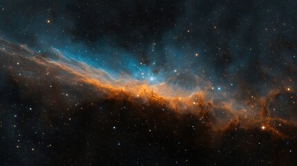 An abstract interstellar cloud glows with fiery orange and cool blue tones, floating among countless stars in the vast universe.
