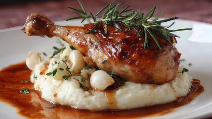 Close-up of a golden-brown chicken leg plated on a smooth potato mash, with savory cauliflower and garlic adding rich, rustic flavor.
